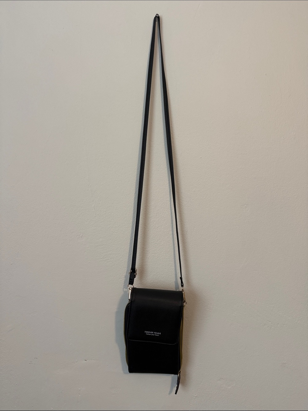 Forever Young Black Leatherette Crossbody Phone Pouch with Gold Trim